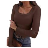 Womens Casual Long Sleeve Stretch Scoop Neck Basic Ribbed T-Shirt Slim Fit Casual Basic Tops Size Large Brown