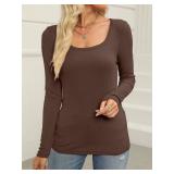 Womens Casual Long Sleeve Stretch Scoop Neck Basic Ribbed T-Shirt Slim Fit Casual Basic Tops Size Large Brown