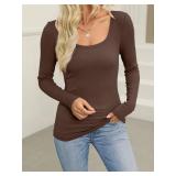 Womens Casual Long Sleeve Stretch Scoop Neck Basic Ribbed T-Shirt Slim Fit Casual Basic Tops Size Large Brown