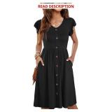 WNEEDU Women Summer Dresses Sleeveless Casual Loose Swing Button Down Midi Dress with Pockets Size Large Blue and Orange Floral