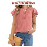 PRETTYGARDEN Womens Summer Tops 2025 Casual Ruffle Sleeve Pleated V Neck Shirts Dressy Swiss Dot T-Shirts Crochet Blouse Size 2XL Blue