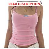 Women Y2k Contrast Lace Trim Crop Cami Tank Top Sexy Vintage Spaghetti Strap Camisole Summer Streetwear Size Small Green