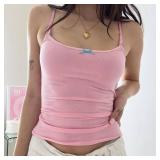 Women Y2k Contrast Lace Trim Crop Cami Tank Top Sexy Vintage Spaghetti Strap Camisole Summer Streetwear Size Small Green