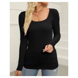 Womens Casual Long Sleeve Stretch Scoop Neck Basic Ribbed T-Shirt Slim Fit Casual Basic Tops Size Small White
