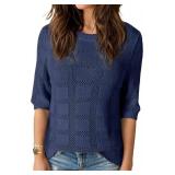 Knit Tops for Women Scoop Neck Short Sleeve Crochet Tops Blouses Dressy Casual Fall Lightweight Sweaters Size 7 Blue
