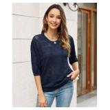 Knit Tops for Women Scoop Neck Short Sleeve Crochet Tops Blouses Dressy Casual Fall Lightweight Sweaters Size 7 Blue