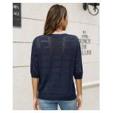 Knit Tops for Women Scoop Neck Short Sleeve Crochet Tops Blouses Dressy Casual Fall Lightweight Sweaters Size 7 Blue