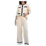 Ladyful Womens 2 Piece Outfits Sweater Set Long Sleeve Knit Top and Wide Leg Pant Lounge Sets Size Large Tan