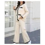 Ladyful Womens 2 Piece Outfits Sweater Set Long Sleeve Knit Top and Wide Leg Pant Lounge Sets Size Large Tan