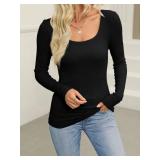 Womens Casual Long Sleeve Stretch Scoop Neck Basic Ribbed T-Shirt Slim Fit Casual Basic Tops Size XL White