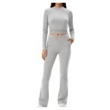 MANGOPOP 2 Piece Lounge Sets for Women Fold Over Flare Pants Long Sleeve Top V-Cut Flare Leggings Fall Pajamas Casual Outfits Size Large Grey