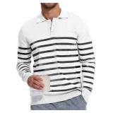 Demoking Striped Sweaters for Men Polo Shirts Long Sleeve Mens Casual Knit Sweater Size 2XL White
