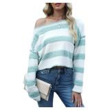 Womens Striped Cropped Sweater Crew Neck Oversized Pullover Jumper Tops Drop Shoulder Long Sleeve Casual Trendy Outfit Size 2XL