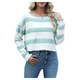 Womens Striped Cropped Sweater Crew Neck Oversized Pullover Jumper Tops Drop Shoulder Long Sleeve Casual Trendy Outfit Size 2XL