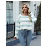 Womens Striped Cropped Sweater Crew Neck Oversized Pullover Jumper Tops Drop Shoulder Long Sleeve Casual Trendy Outfit Size 2XL