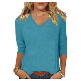 EADINVE Womens V Neck 3/4 Sleeve T Shirts Casual Basic Summer Tees Shirts Loose Fit Tunic Tops Fall Pullover Size 2XL Blue