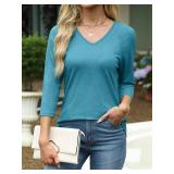 EADINVE Womens V Neck 3/4 Sleeve T Shirts Casual Basic Summer Tees Shirts Loose Fit Tunic Tops Fall Pullover Size 2XL Blue