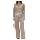 ZESICA Womens Fall Knit Two Piece Outfits Casual Long Sleeve V Neck Sweater Shirts and Wide Leg Pants Matching Lounge Sets Size Large Oatmeal Brown