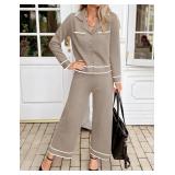 ZESICA Womens Fall Knit Two Piece Outfits Casual Long Sleeve V Neck Sweater Shirts and Wide Leg Pants Matching Lounge Sets Size Large Oatmeal Brown