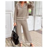 ZESICA Womens Fall Knit Two Piece Outfits Casual Long Sleeve V Neck Sweater Shirts and Wide Leg Pants Matching Lounge Sets Size Large Oatmeal Brown