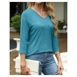 EADINVE Womens V Neck 3/4 Sleeve T Shirts Casual Basic Summer Tees Shirts Loose Fit Tunic Tops Fall Pullover Size 2XL Teal