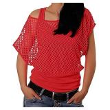 Smile Fish Women Casual Sexy 80s Costumes Fishnet Neon Off Shoulder T-Shirt Size 2XL