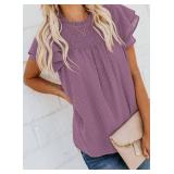 Dokotoo Womens Crewneck Lace Crochet Pom Pom Flowy Short Sleeve Casual Shirts Blouses Tops Size XL Purple