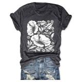 Womens Flower T Shirt Vintage Wildflowers Printed Graphic Tee Casual Botanical Short Sleeve Size Small Black