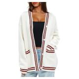Darong Women Oversized Cardigan Sweaters Knit Button Front Stripes Trim Cardigan Tops Fall Outfits with Pockets Size Large White And Red