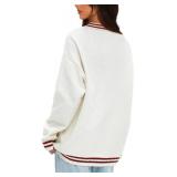 Darong Women Oversized Cardigan Sweaters Knit Button Front Stripes Trim Cardigan Tops Fall Outfits with Pockets Size Large White And Red