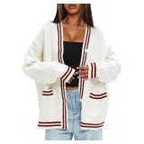 Darong Women Oversized Cardigan Sweaters Knit Button Front Stripes Trim Cardigan Tops Fall Outfits with Pockets Size Large White And Red