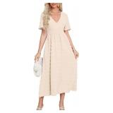 Simplee Womens Boho Maxi Dress Summer Wedding Guest Short Sleeve V Neck Swiss Dot Flowy Dresses Size Small Apricot