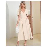 Simplee Womens Boho Maxi Dress Summer Wedding Guest Short Sleeve V Neck Swiss Dot Flowy Dresses Size Small Apricot