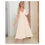 Simplee Womens Boho Maxi Dress Summer Wedding Guest Short Sleeve V Neck Swiss Dot Flowy Dresses Size Small Apricot