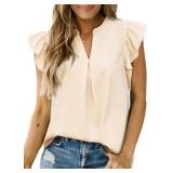 Dokotoo Womens Summer Tops Dressy Casual V Neck Ruffle Short Sleeve Solid Blouses Tops Size Medium Apricot