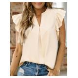 Dokotoo Womens Summer Tops Dressy Casual V Neck Ruffle Short Sleeve Solid Blouses Tops Size Medium Apricot