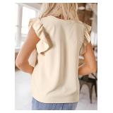 Dokotoo Womens Summer Tops Dressy Casual V Neck Ruffle Short Sleeve Solid Blouses Tops Size Medium Apricot