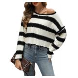 Womens Striped Cropped Sweater Crew Neck Oversized Pullover Jumper Tops Drop Shoulder Long Sleeve Casual Trendy Outfit Size XL