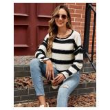 Womens Striped Cropped Sweater Crew Neck Oversized Pullover Jumper Tops Drop Shoulder Long Sleeve Casual Trendy Outfit Size XL