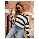Womens Striped Cropped Sweater Crew Neck Oversized Pullover Jumper Tops Drop Shoulder Long Sleeve Casual Trendy Outfit Size XL