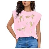 Magic Kingdom Tank Tops Women Sequin Magical Castle Shirt Fairy Graphic Tees Summer Vacation Sleeveless Top Size Medium