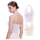 Eleplus 2 Pieces V Neck Halter Crop Tanks Tops for Women Backless Going Out Tops Workout Sport Bra Pack of 2 White+Purple,L-XL , Large-X-Large