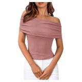 BTFBM Fall Tops for Women 2025 Off The Shoulder Summer Top Short Sleeve Shirts Rib Knit Slim Fit Going Out Y2K Clothes Size Medium