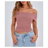 BTFBM Fall Tops for Women 2025 Off The Shoulder Summer Top Short Sleeve Shirts Rib Knit Slim Fit Going Out Y2K Clothes Size Medium