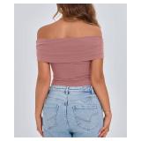 BTFBM Fall Tops for Women 2025 Off The Shoulder Summer Top Short Sleeve Shirts Rib Knit Slim Fit Going Out Y2K Clothes Size Medium