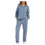 Prinbara Women 2 Piece Outfits Sweat Set 2024 Winter Oversized Sweatshirts Jogger Sweatpants Lounge Sets Fall Tracksuit Dark Blue X-Large