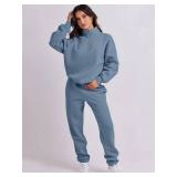 Prinbara Women 2 Piece Outfits Sweat Set 2024 Winter Oversized Sweatshirts Jogger Sweatpants Lounge Sets Fall Tracksuit Dark Blue X-Large