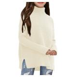Haloumoning Kids Girls Turtleneck Tunic Sweaters Dress Oversized Long Sleeve Knit Chunky Pullover Jumper with Slit 5-14T