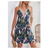 SimpleFun Summer Dresses for Women Beach Lace V-Neck Sundresses Casual Tropical Print Sleeveless Short Dress with Pockets Size L