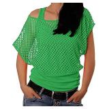 Smile Fish Women Casual Sexy 80s Costumes Fishnet Neon Off Shoulder T-Shirt Size S